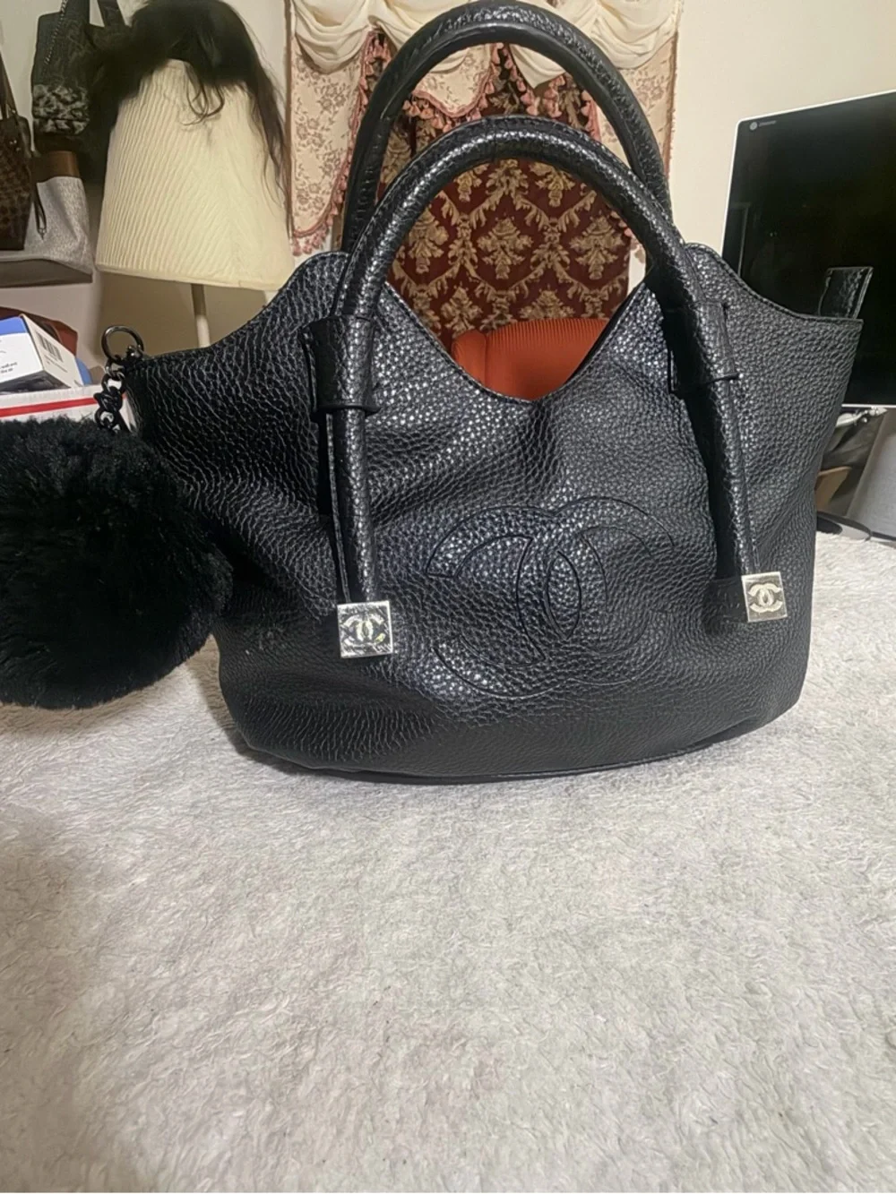 CC Black Pebbled Leather Tote with Double Handles - Picture 6 of 14